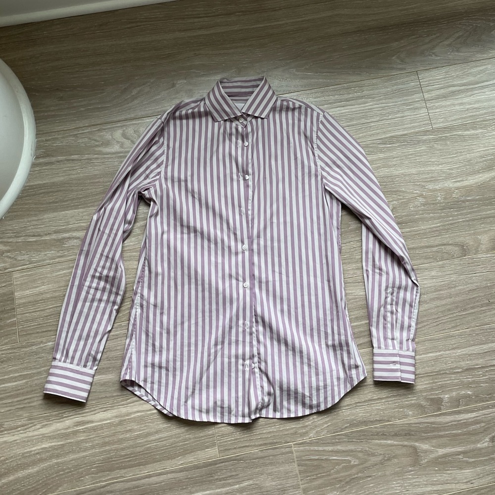 XACUS Women’s Purple Stripe Cotton Poplin Button Down Euro Sz 42 EUC